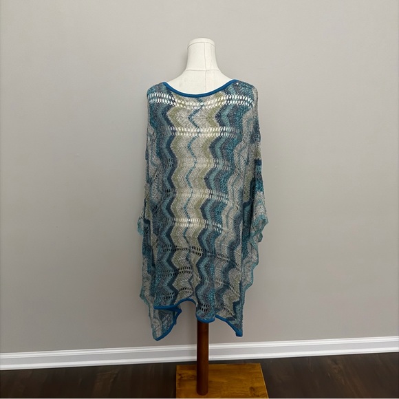 Sigrid Olsen Poncho Crocheted Open Knit Chevron Wool Art To Wear Blue Green Grey - Picture 7 of 11